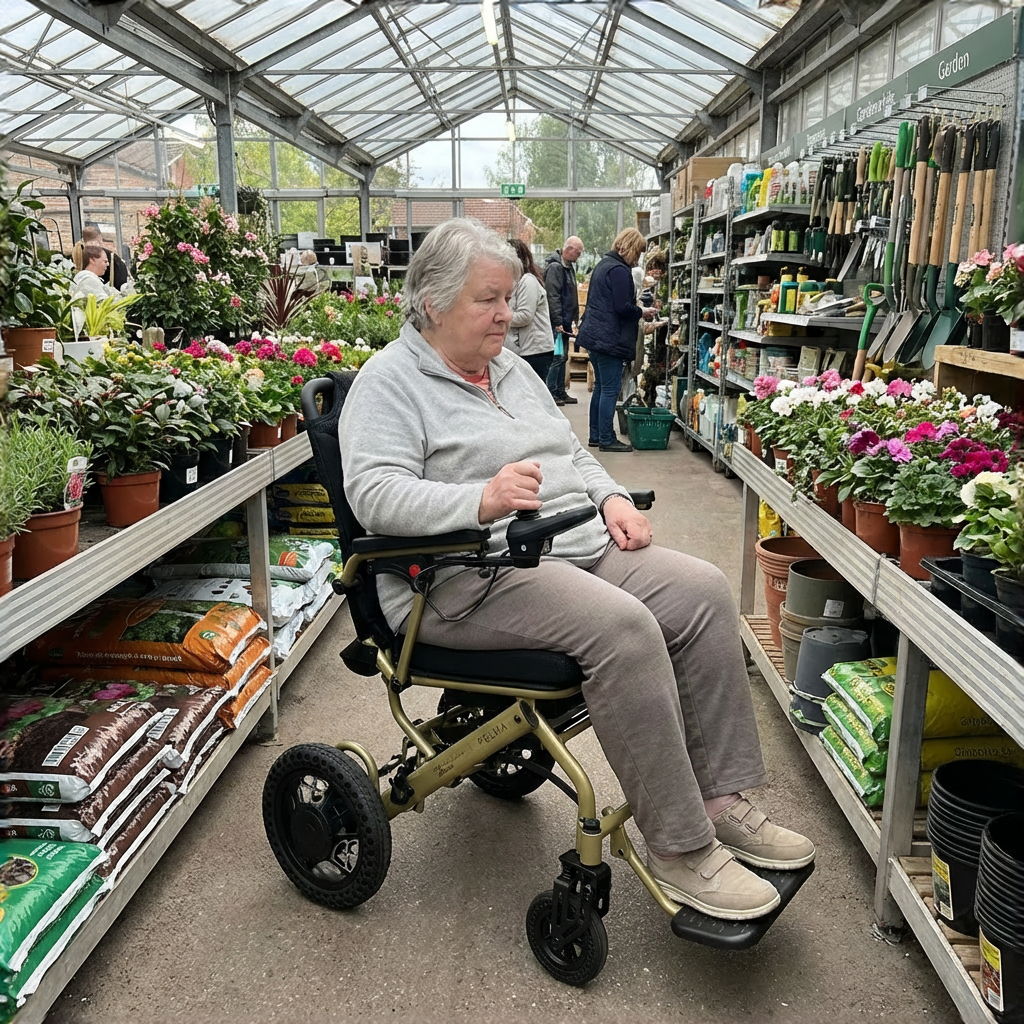 Woman using a mobility scooter in a garden center with plants and gardening supplies.