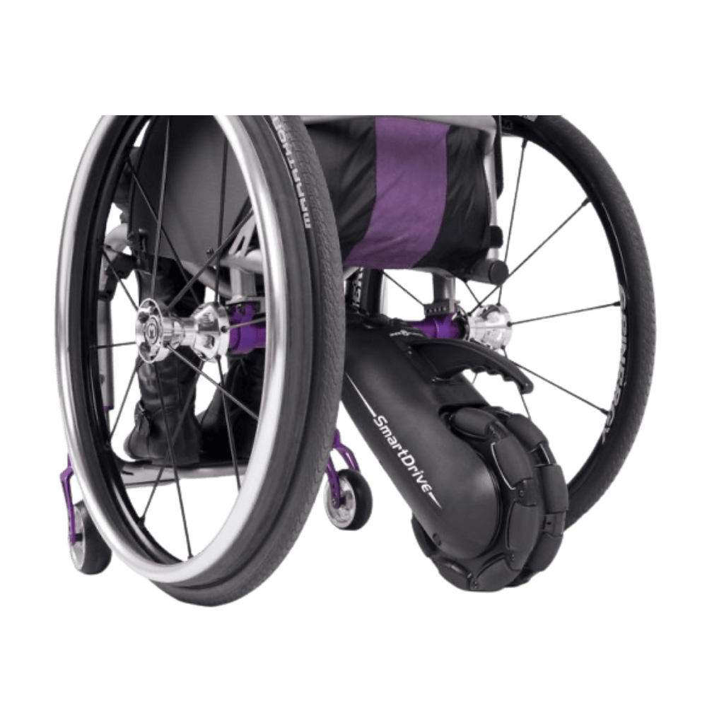Permobil SmartDrive MX2+ power assist, a rear-mounted powered roller that fits to a manual wheelchair