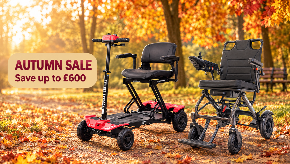 Autumn Sale – iGlide Autofolding mobility scooter and iCarbon Style folding electric wheelchair in an autumn park