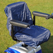 A blue Mobility scooter seat cover fitted on a scooter seat, with the scooter partially visible in the background.