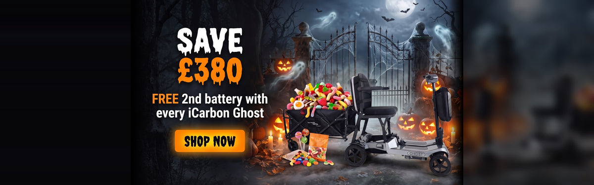 Save £380. Free 2nd battery with every iCarbon Ghost. Shop now. AI-generated Halloween image of the iCarbon Ghost folding scooter and trailer full of sweets.