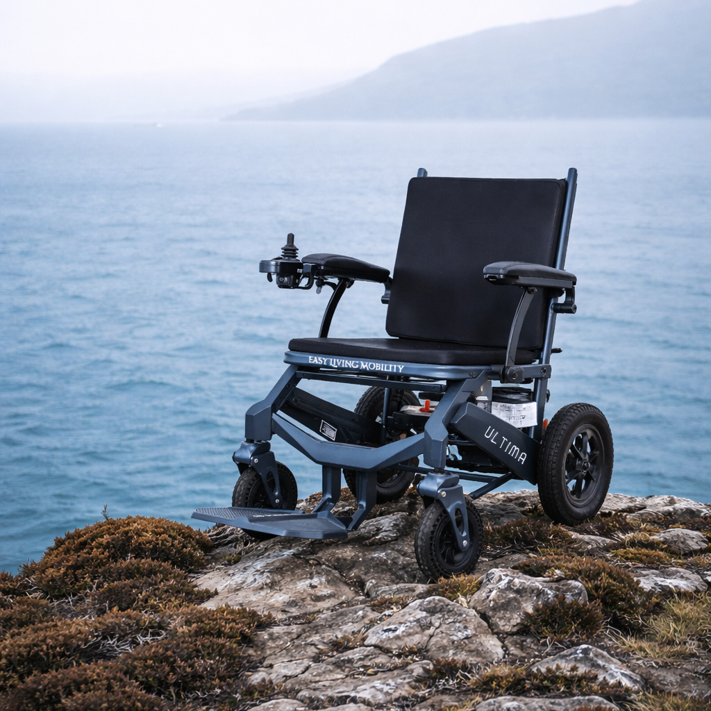 Electric wheelchair on a rocky outcrop with a scenic background of water and mountains.