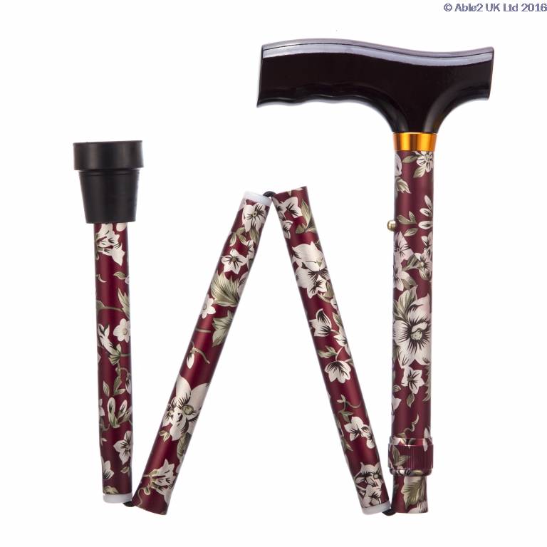 Folding Adjustable Walking Sticks - Burgundy Flower 33-37"